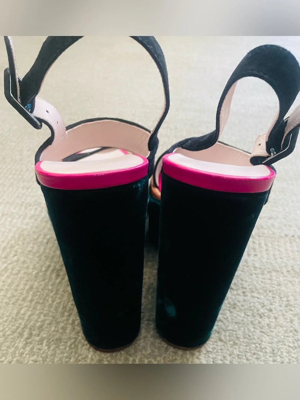 VICTORIA BECKHAM Green & Black Velvet Platform Sandals With Pink Accent